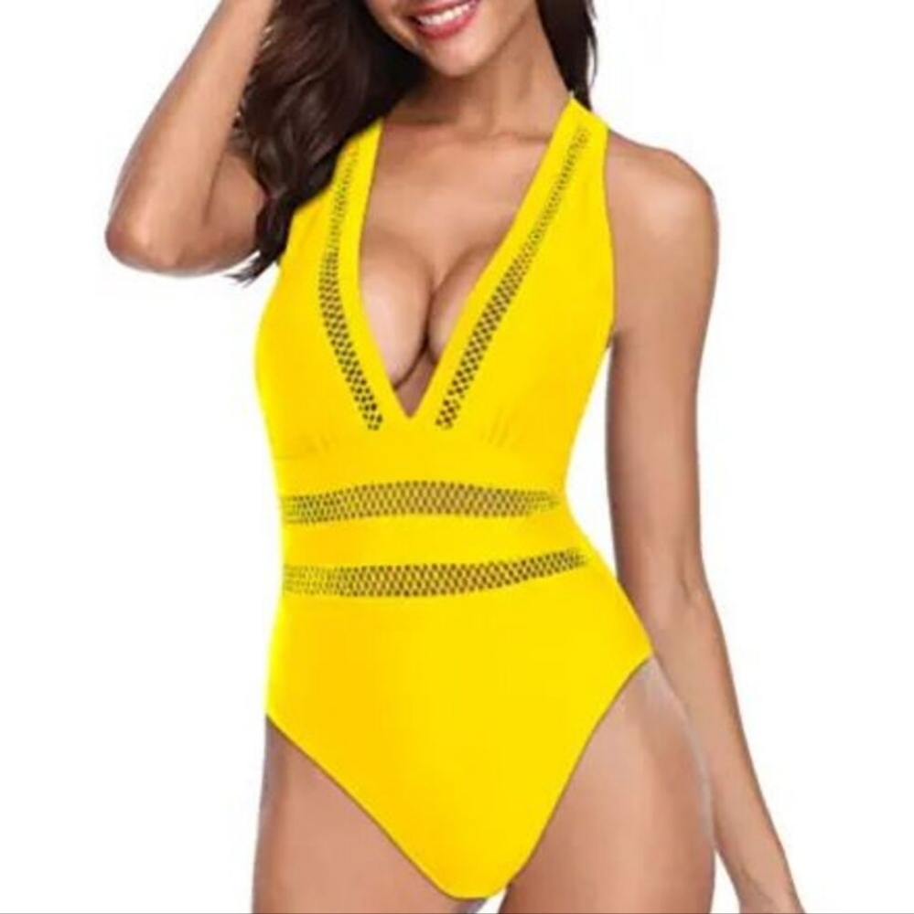 *NEW*Tempt Me Women One Piece Plunge V Neck Hollow Out Swimsuits Bathing XLARGE